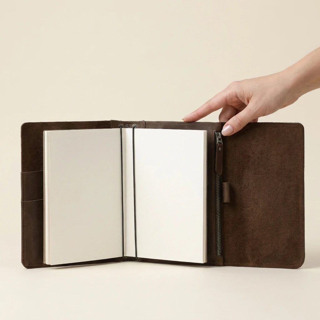 Brown leather journal with a hand opening it on a beige background