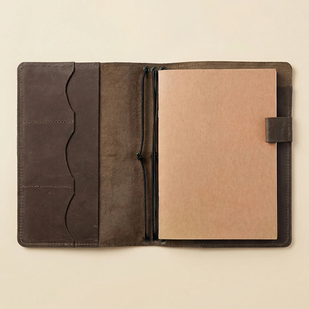 Brown leather notebook cover with beige interior on a beige background