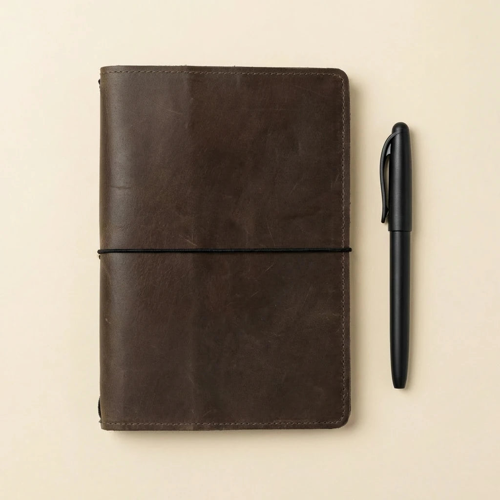 Brown leather notebook with a black pen on a beige background