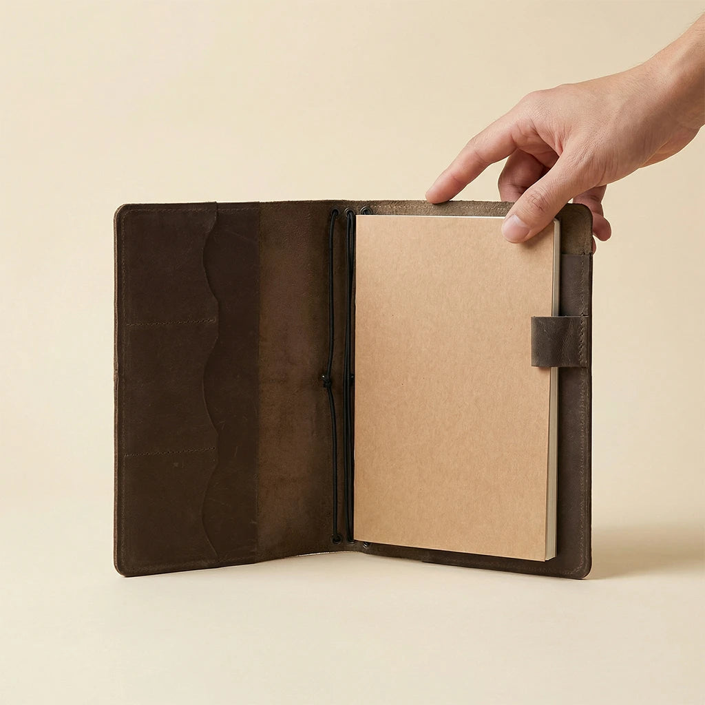 Hand holding a brown leather-bound notebook against a beige background