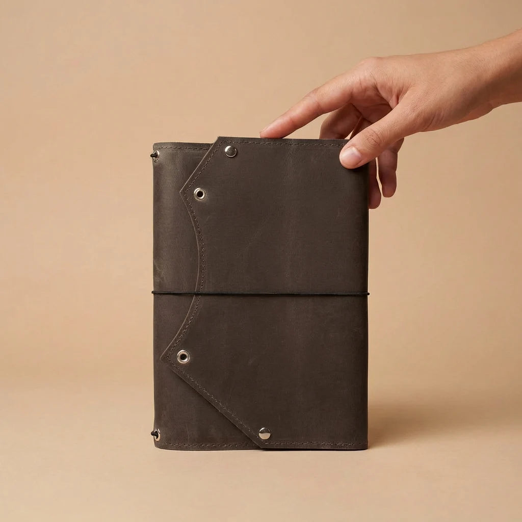 Hand holding a dark brown leather notebook against a beige background