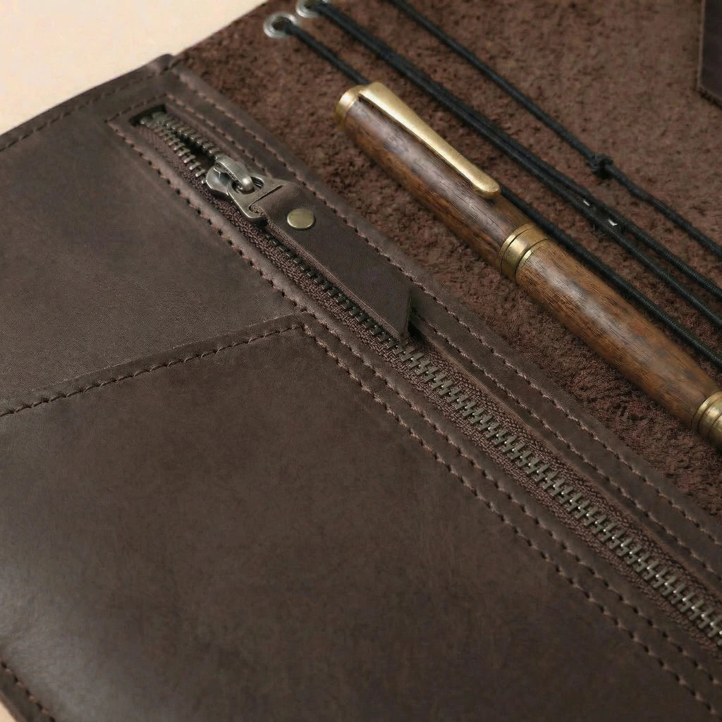 Brown leather pouch with a pen and tools on a wooden surface