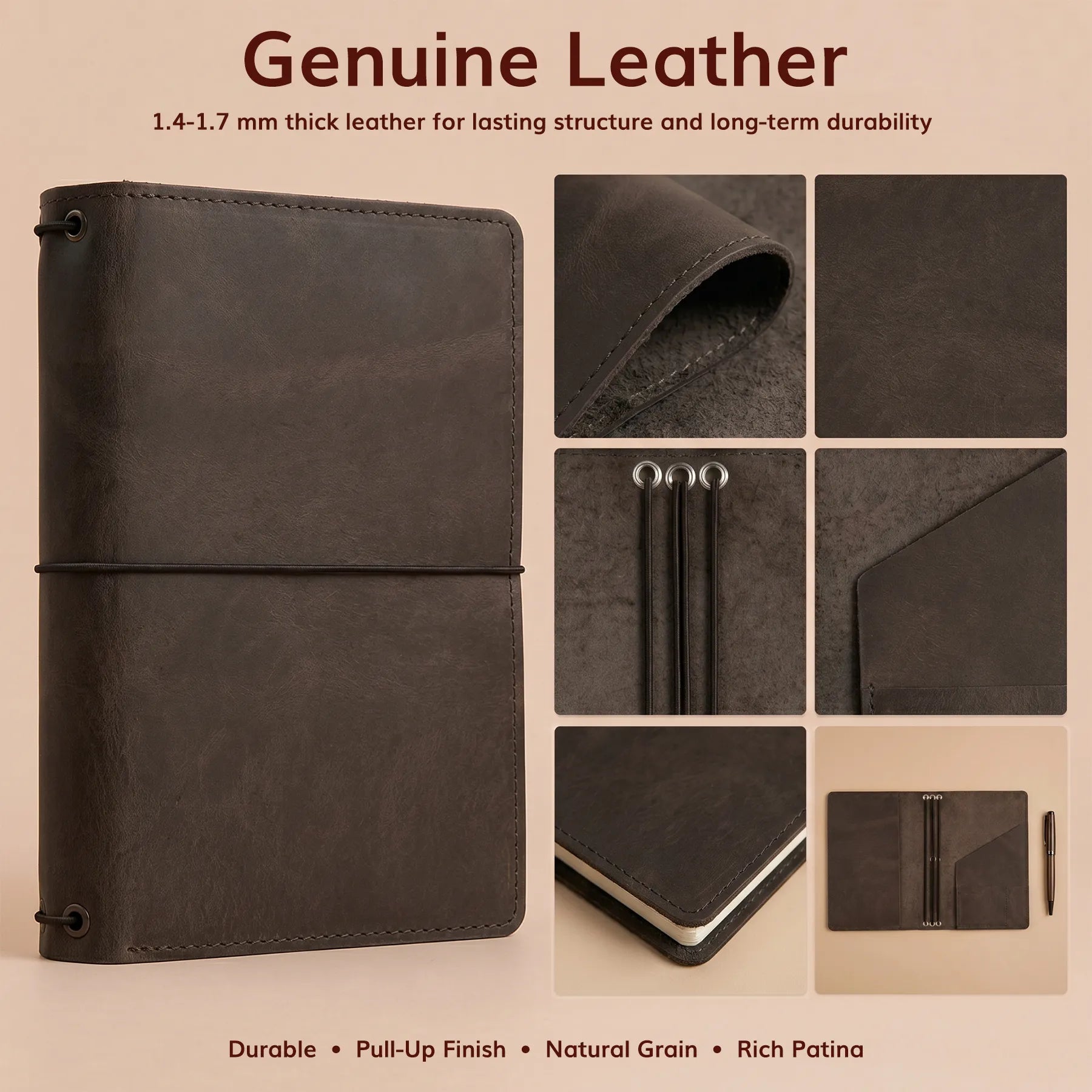 Leather notebook cover with practical pockets, pen holder, and custom monogram