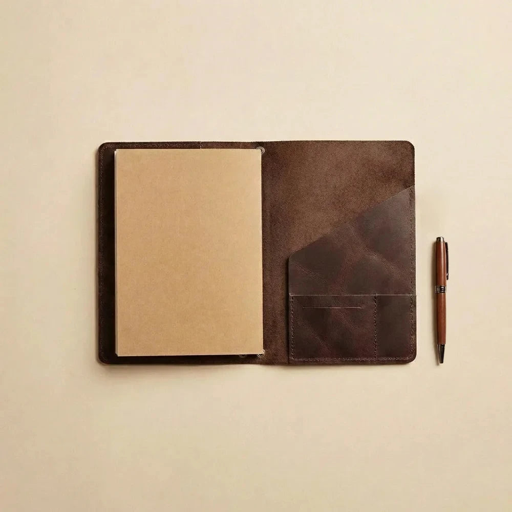 Leather planner organizer handcrafted with elastic notebook bands and spacious inside storage.