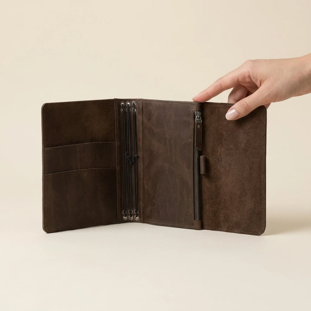 Brown leather journal with zippers held open by a hand on a beige background