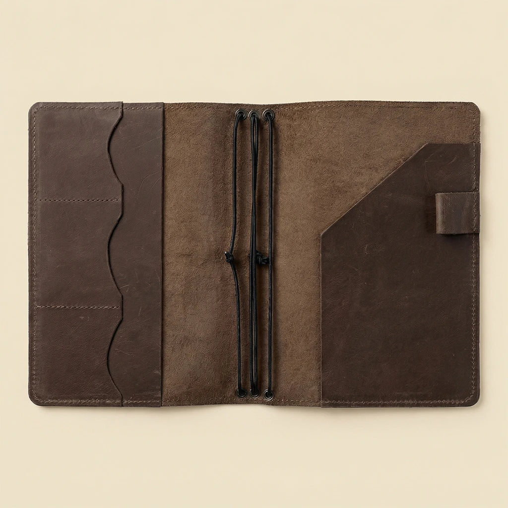 Brown leather wallet on a beige background
