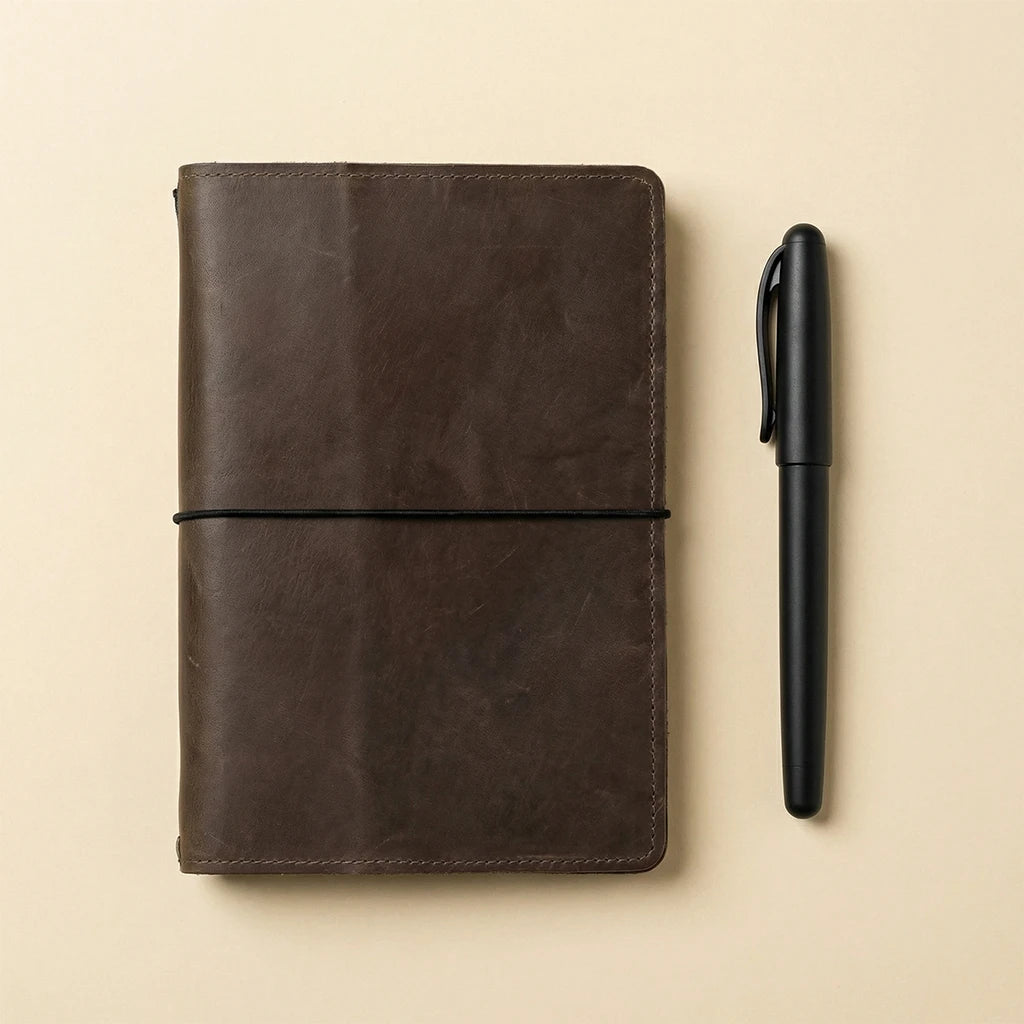 Brown leather notebook and black pen on a beige background