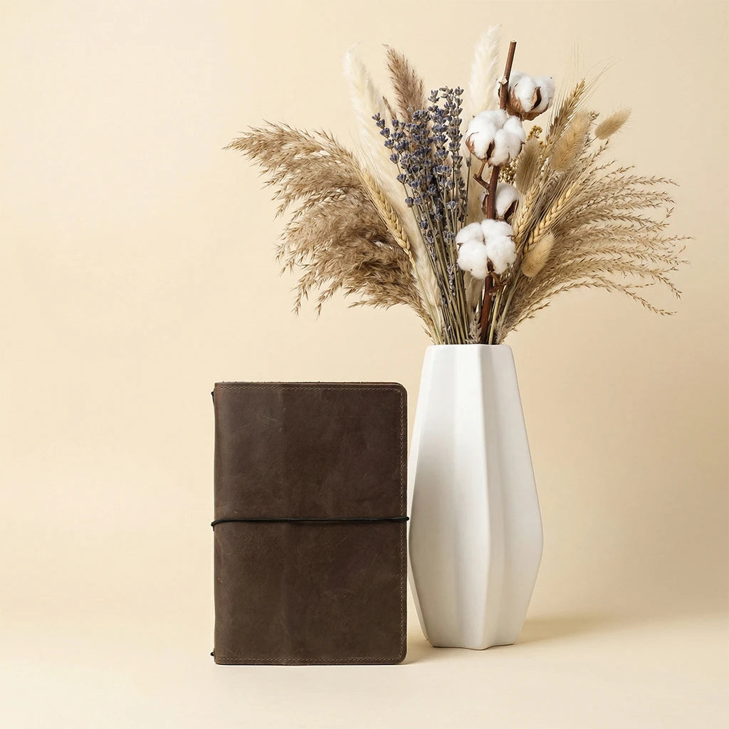 Brown leather notebook next to a white vase with dried flowers on a beige background