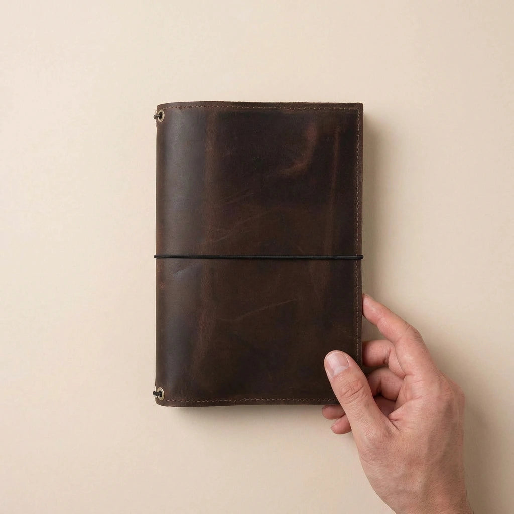 Brown leather notebook held by a hand against a beige background