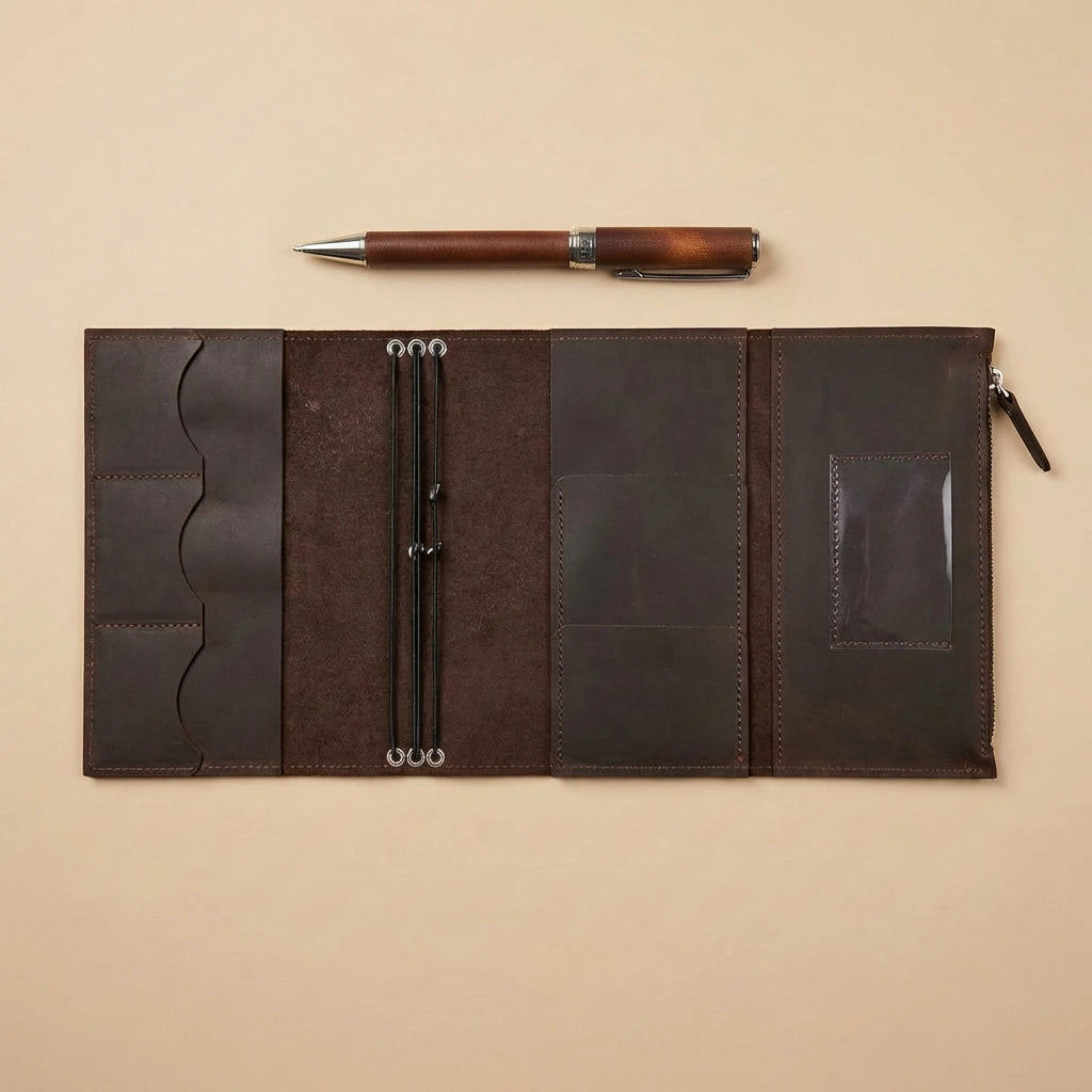 Brown leather journal cover with pen on a beige background