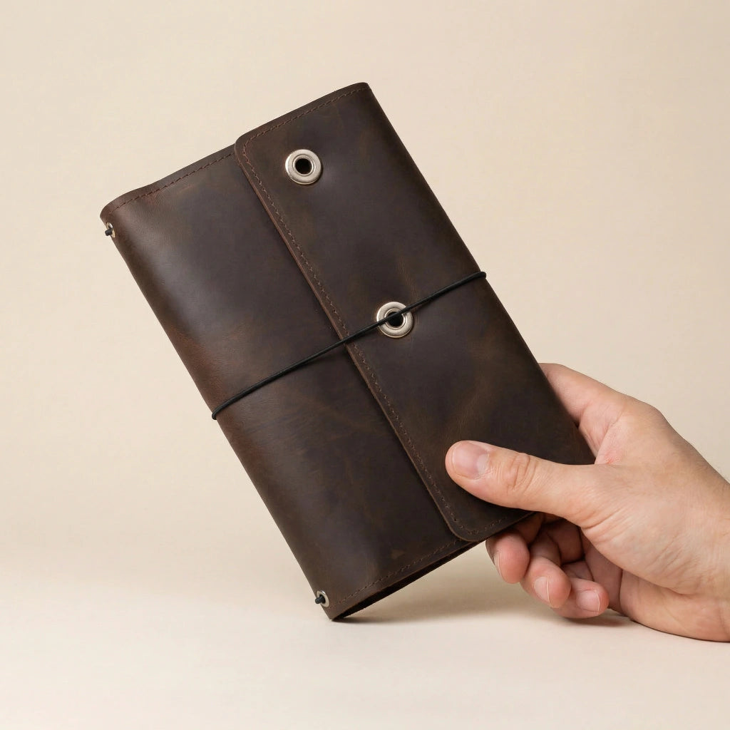 Hand holding a brown leather journal cover against a beige background