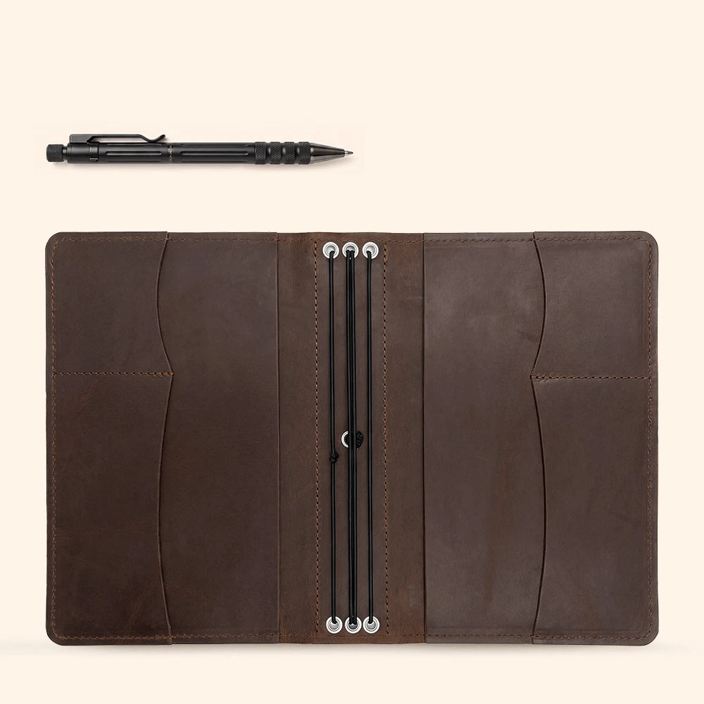 Refillable leather journal organizer with multiple inner pockets for daily essentials and pen.