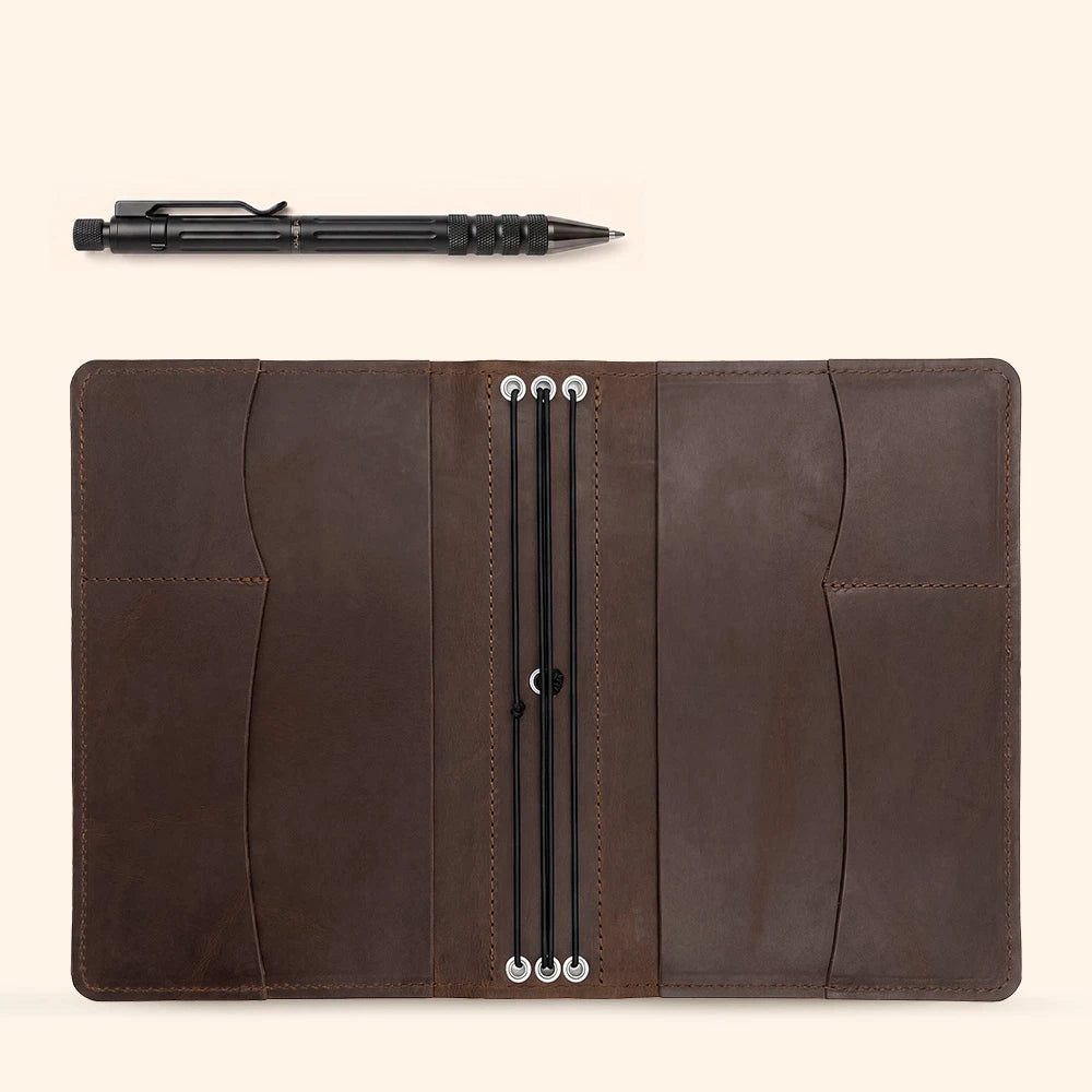 Rustic genuine leather journal cover including functional inner pockets and pen holder.