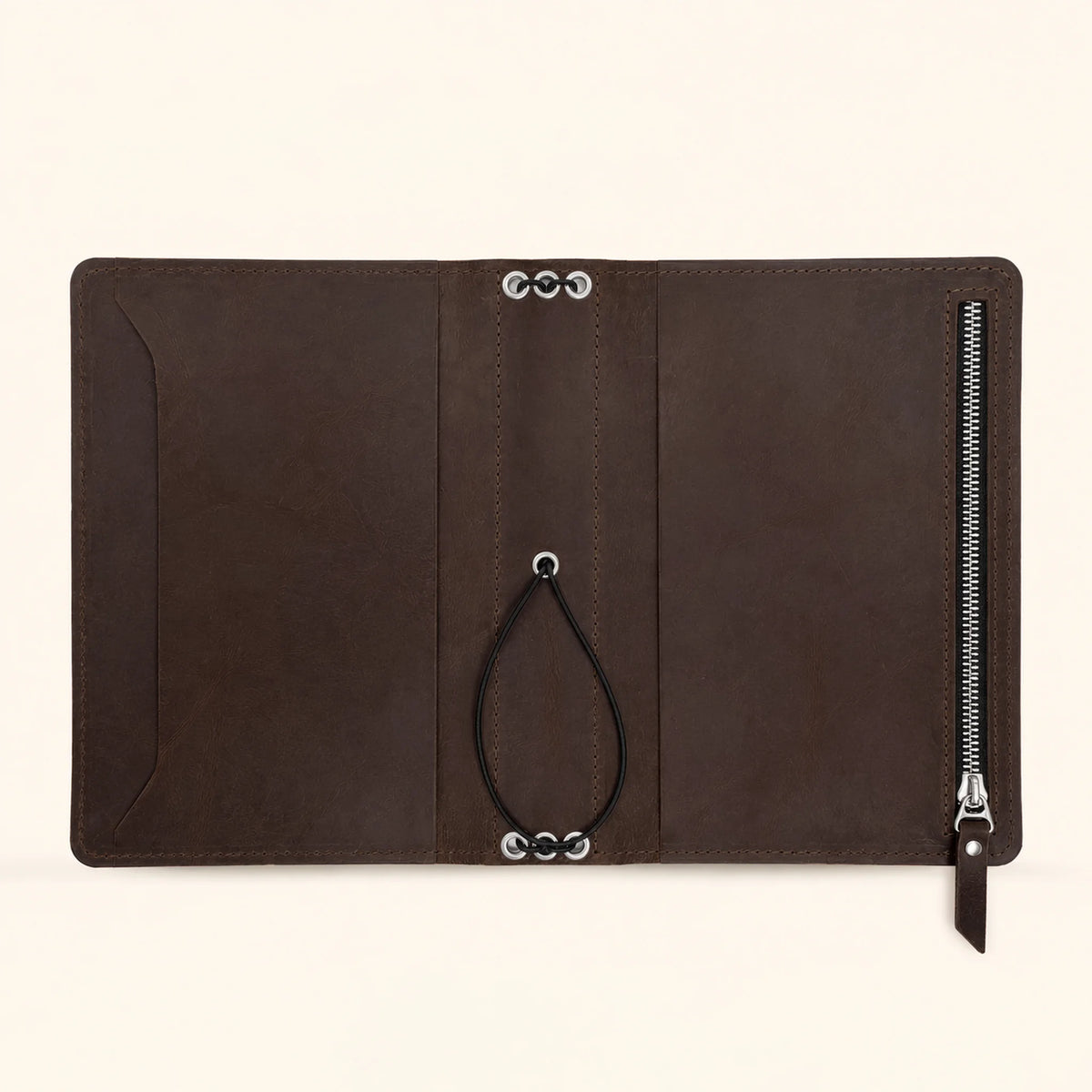 Handmade genuine leather notebook cover featuring convenient inside and outside pockets