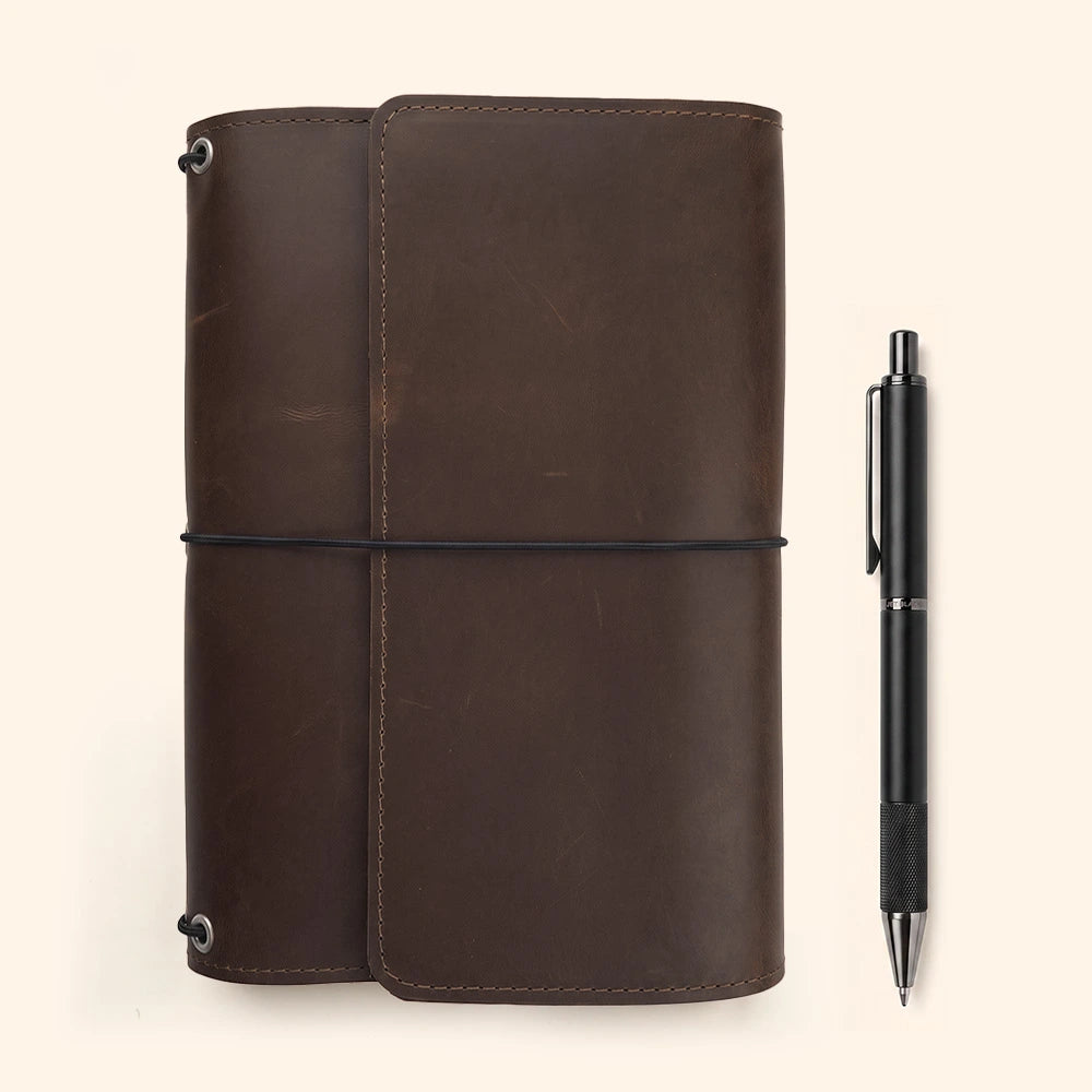 Handmade journal portfolio with genuine leather finish and secure interior pen holder.