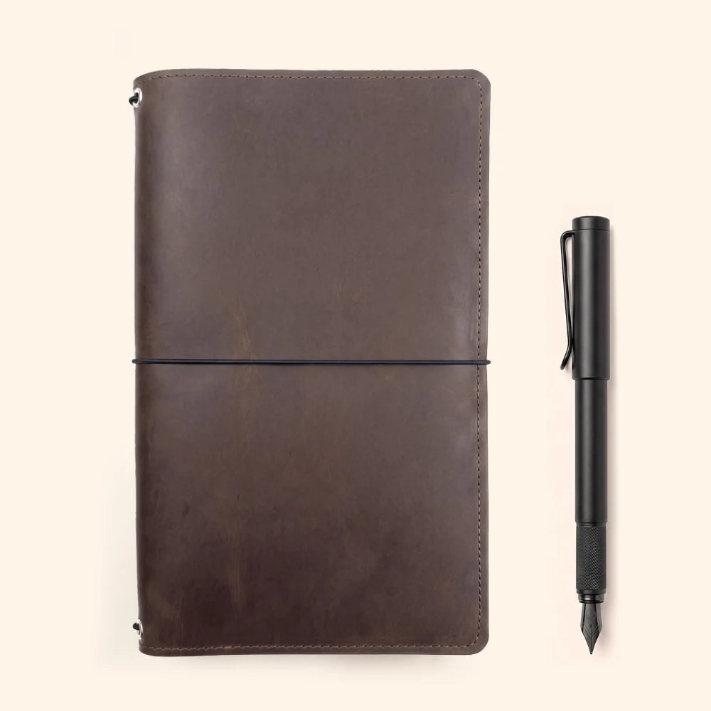 Three-insert leather notebook system wrapped in durable natural leather.