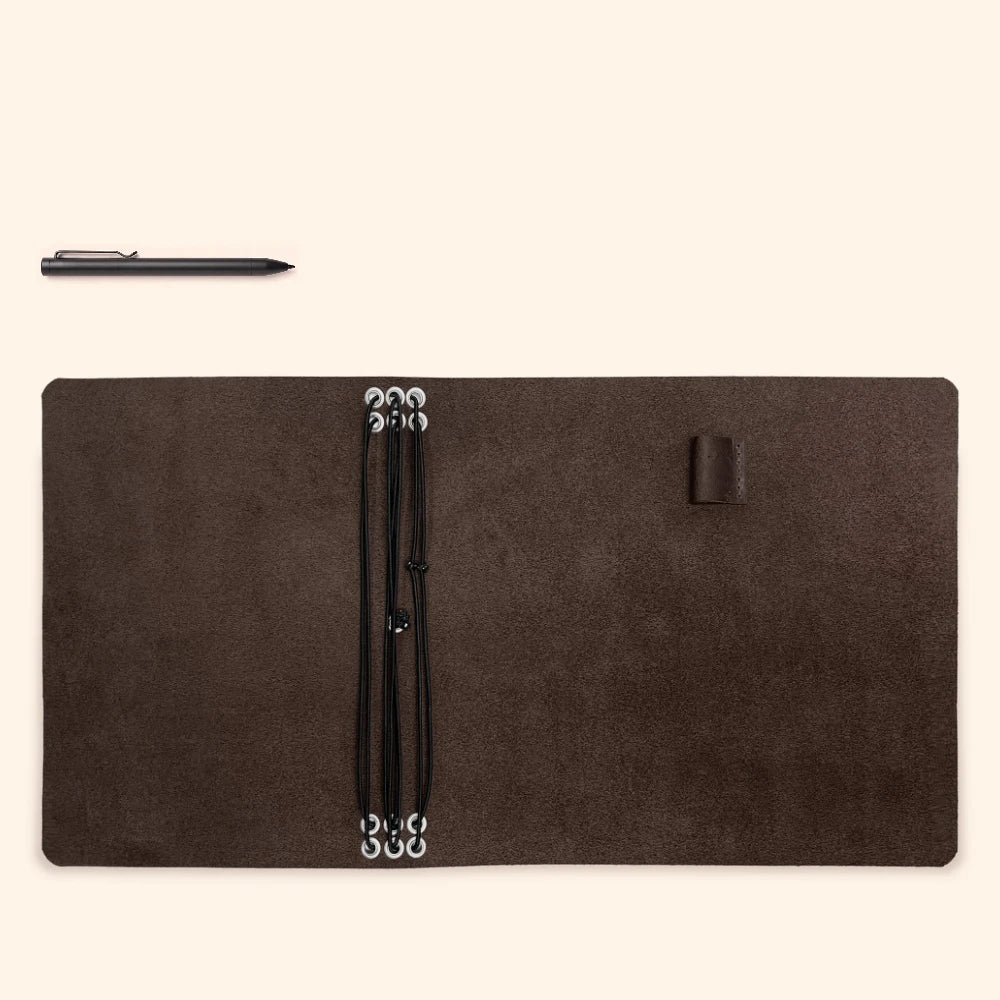 Leather writing organizer featuring six flexible bands and convenient pen loop placement.