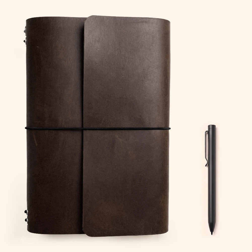 Genuine leather notebook shell with six stretch connections for interchangeable writing inserts.