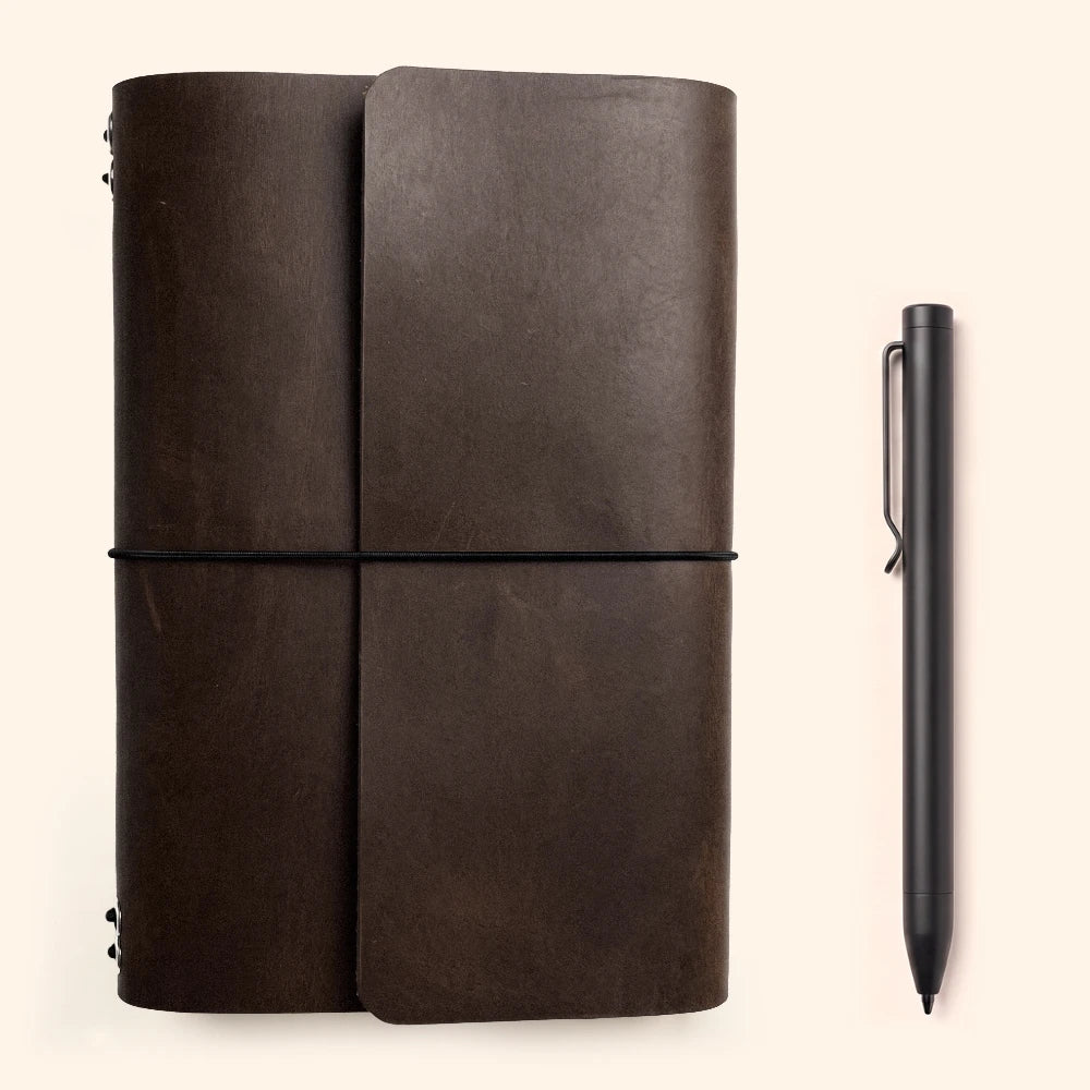 Practical leather notebook organizer combining six insert retainers with a convenient pen loop.