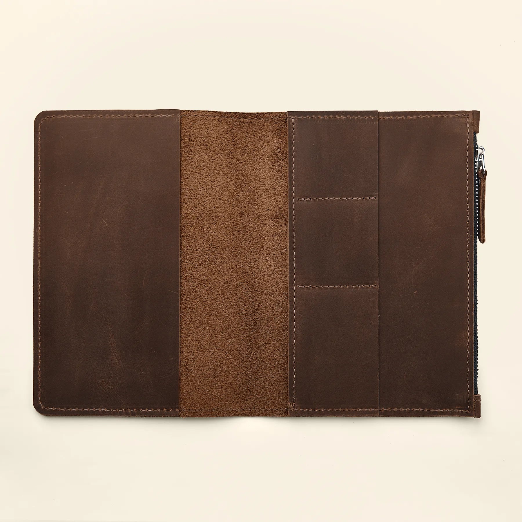Leather notebook organizer insert with functional pockets for travel journal accessories.
