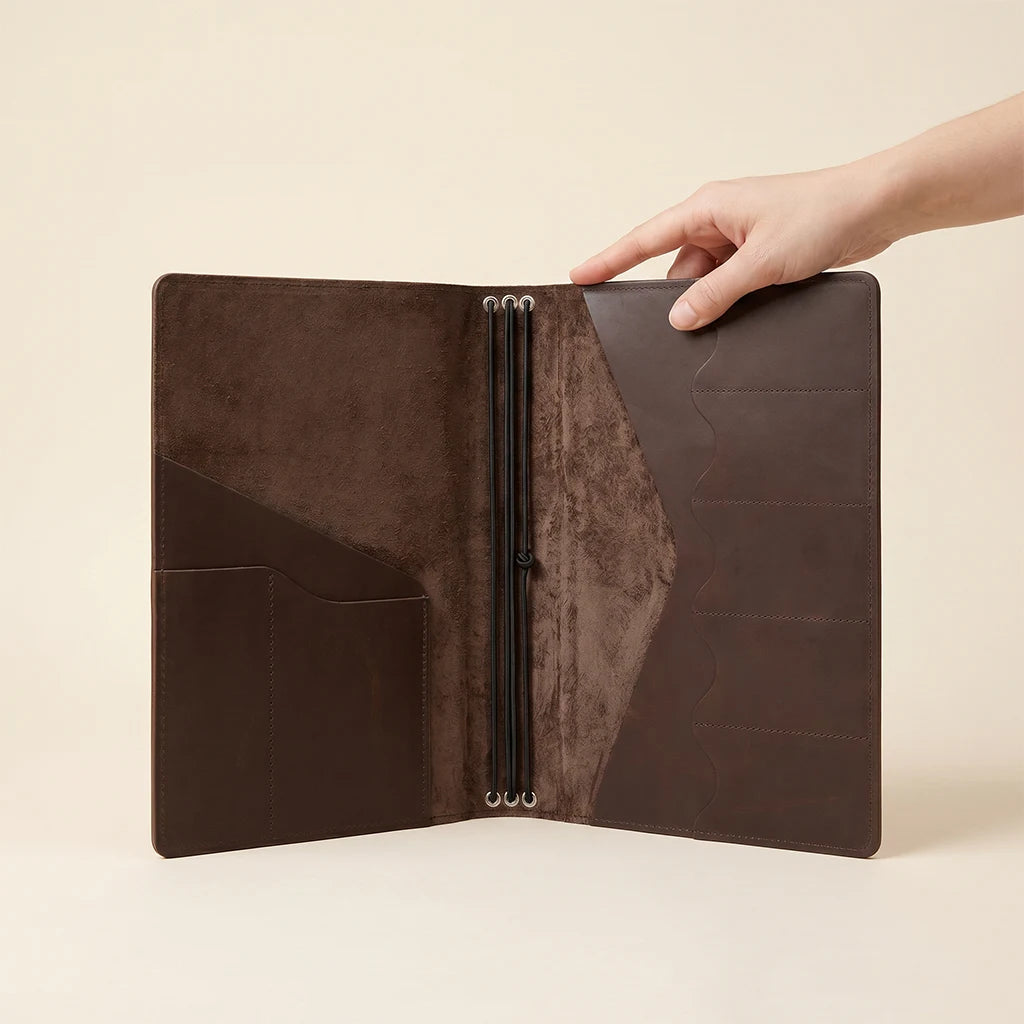 Professional notebook cover with flexible insert arrangement and storage pockets.