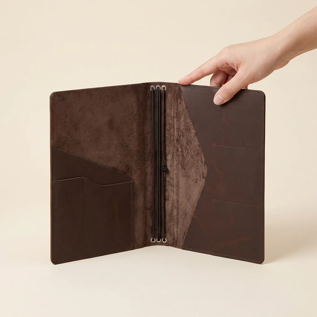 Handcrafted notebook cover offering secure organization for notes and essentials.