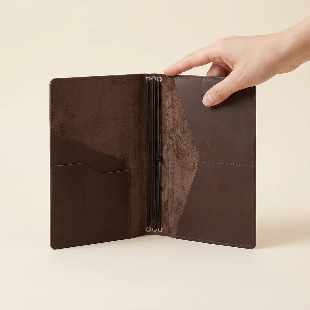 Handcrafted notebook cover made from genuine leather with elastic retention.