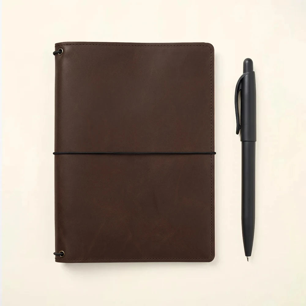 Leather notebook organizer with three elastic holders, card slots, and interior storage pockets.
