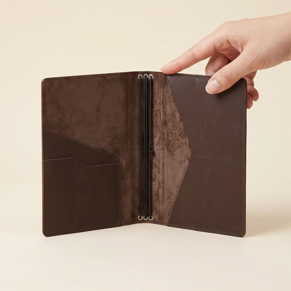 Leather notebook cover displaying organized interior and triple elastic bands.
