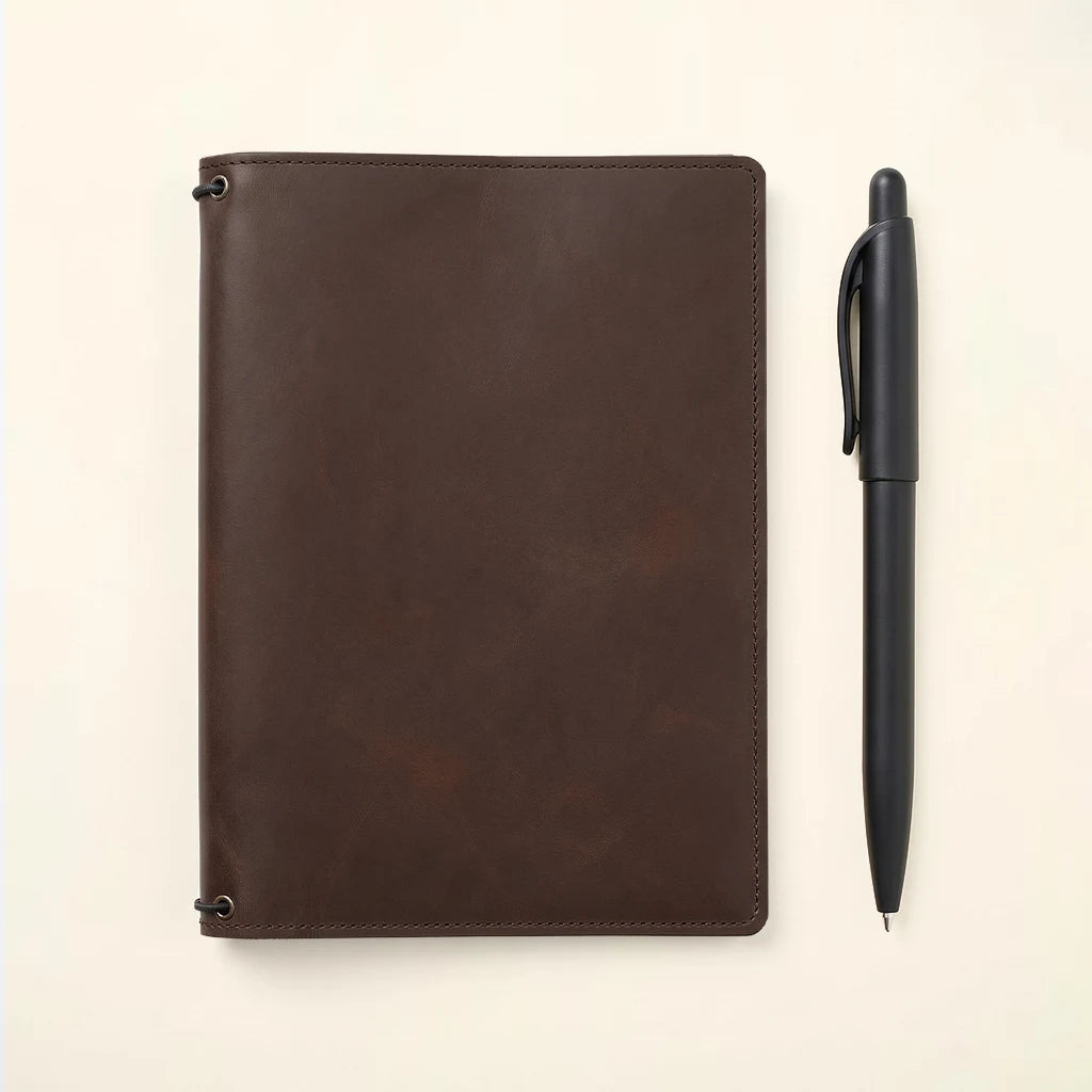 Handcrafted leather journal cover with card pockets and refillable elastics.
