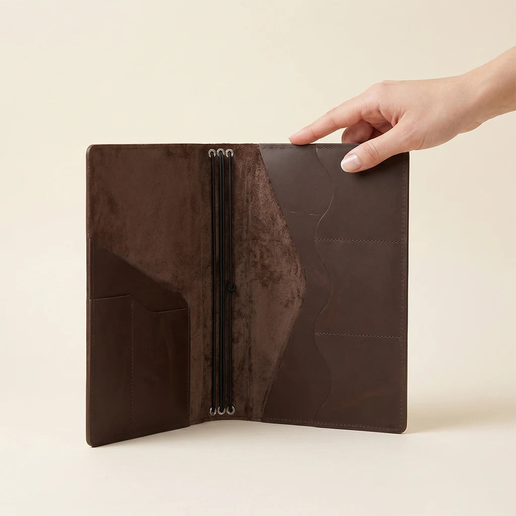 Refillable notebook organizer crafted from genuine leather for daily planning.