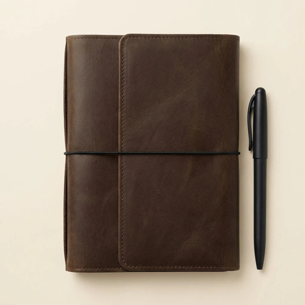 Brown leather notebook with a black pen on a beige background