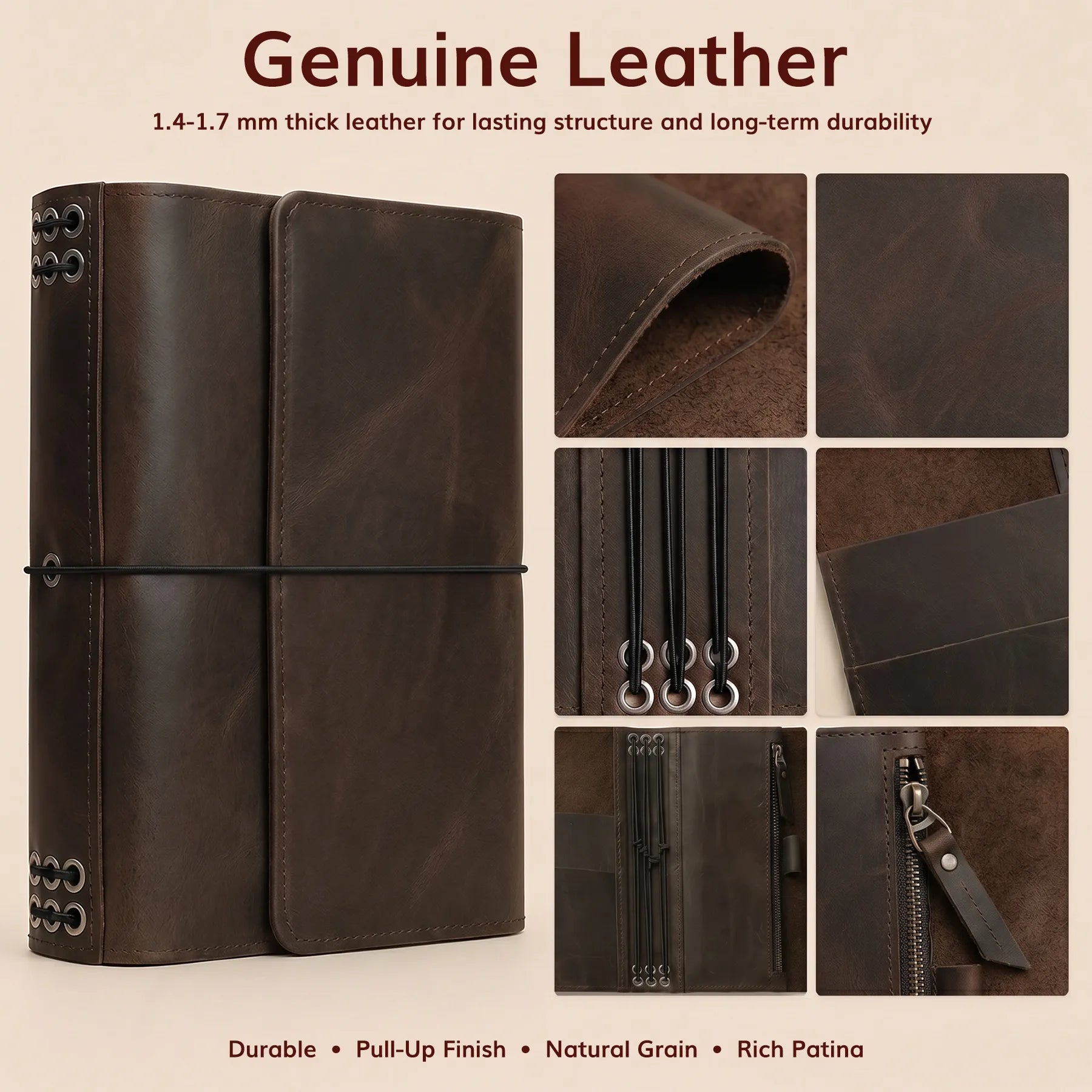 Handmade leather notebook cover featuring organizer pockets and pen loop design