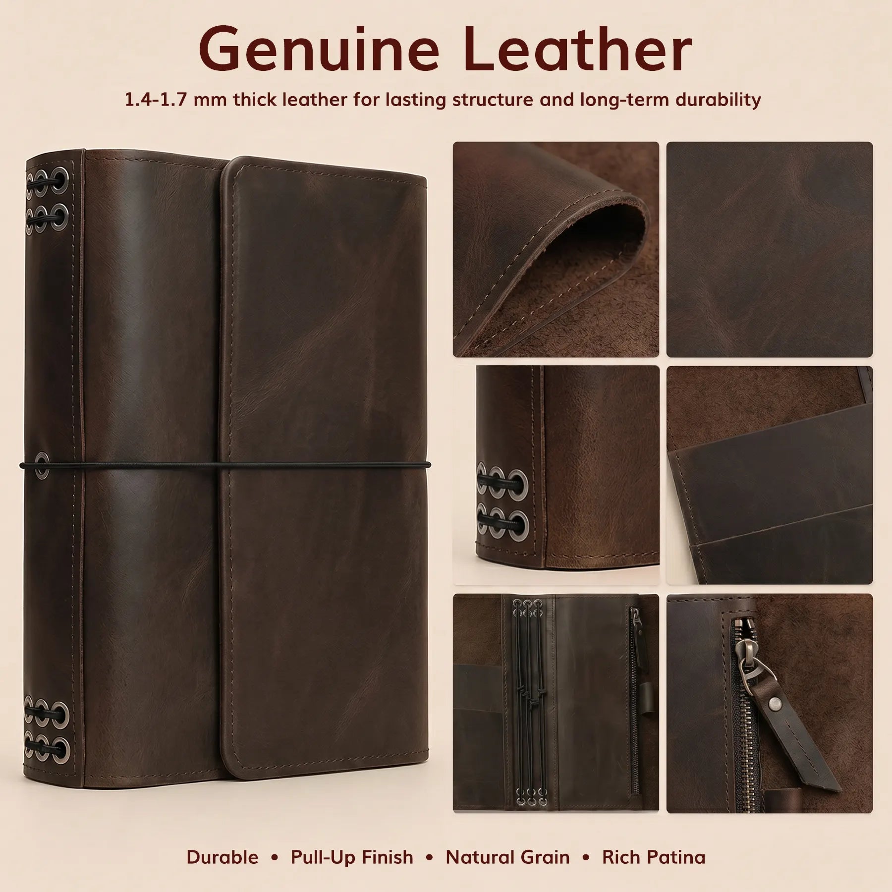 Elegant leather journal cover with secure elastic bands, pen holder, and practical document pockets.