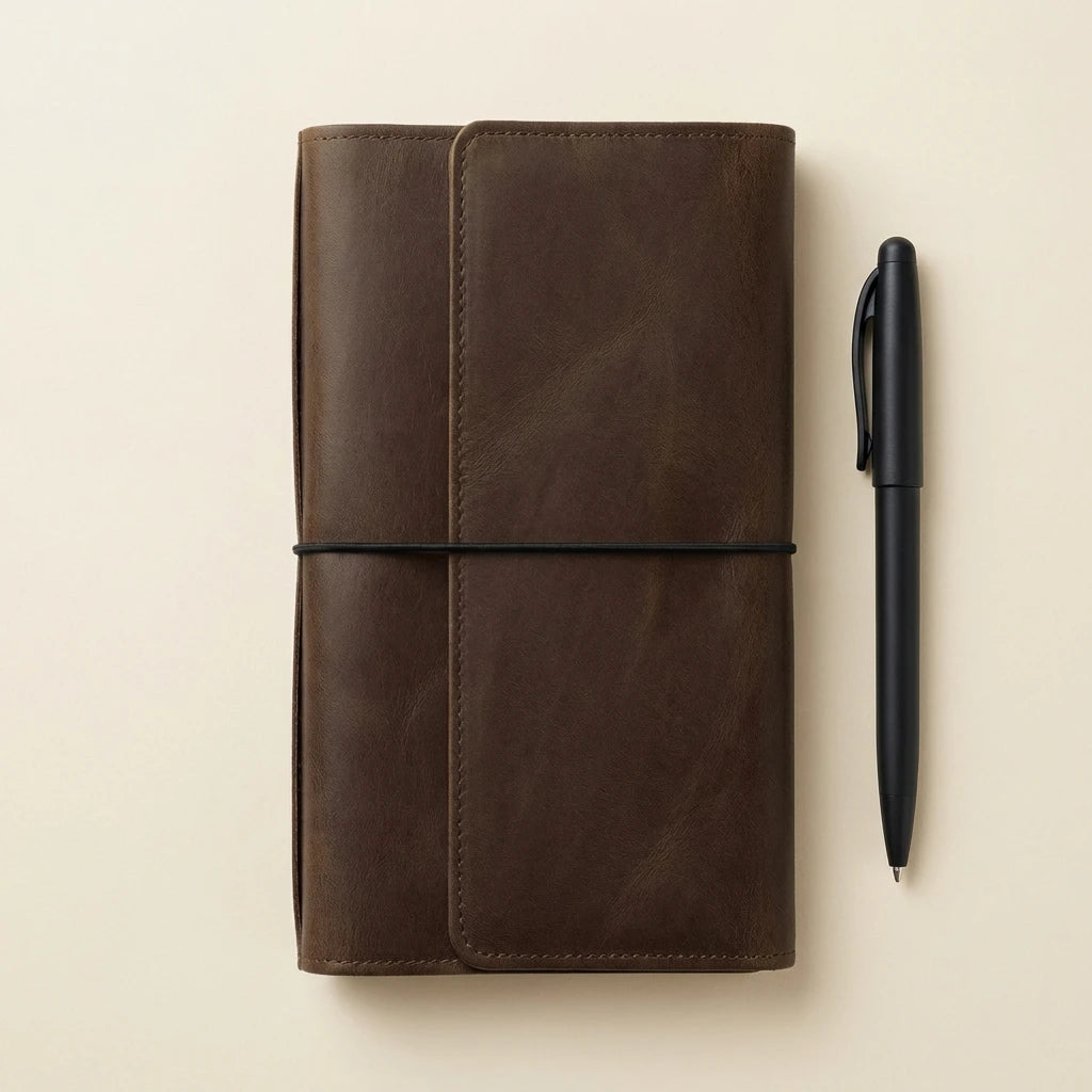 Brown leather notebook with a black pen on a beige background
