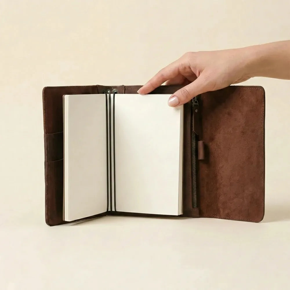 Leather planner organizer featuring three elastic cords and storage pockets.