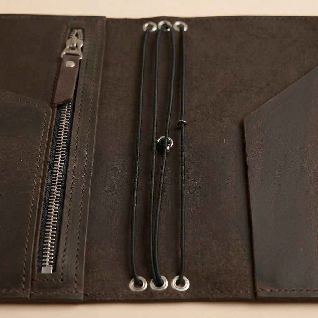 Brown leather journal with zipper pocket and lanyard on a beige background