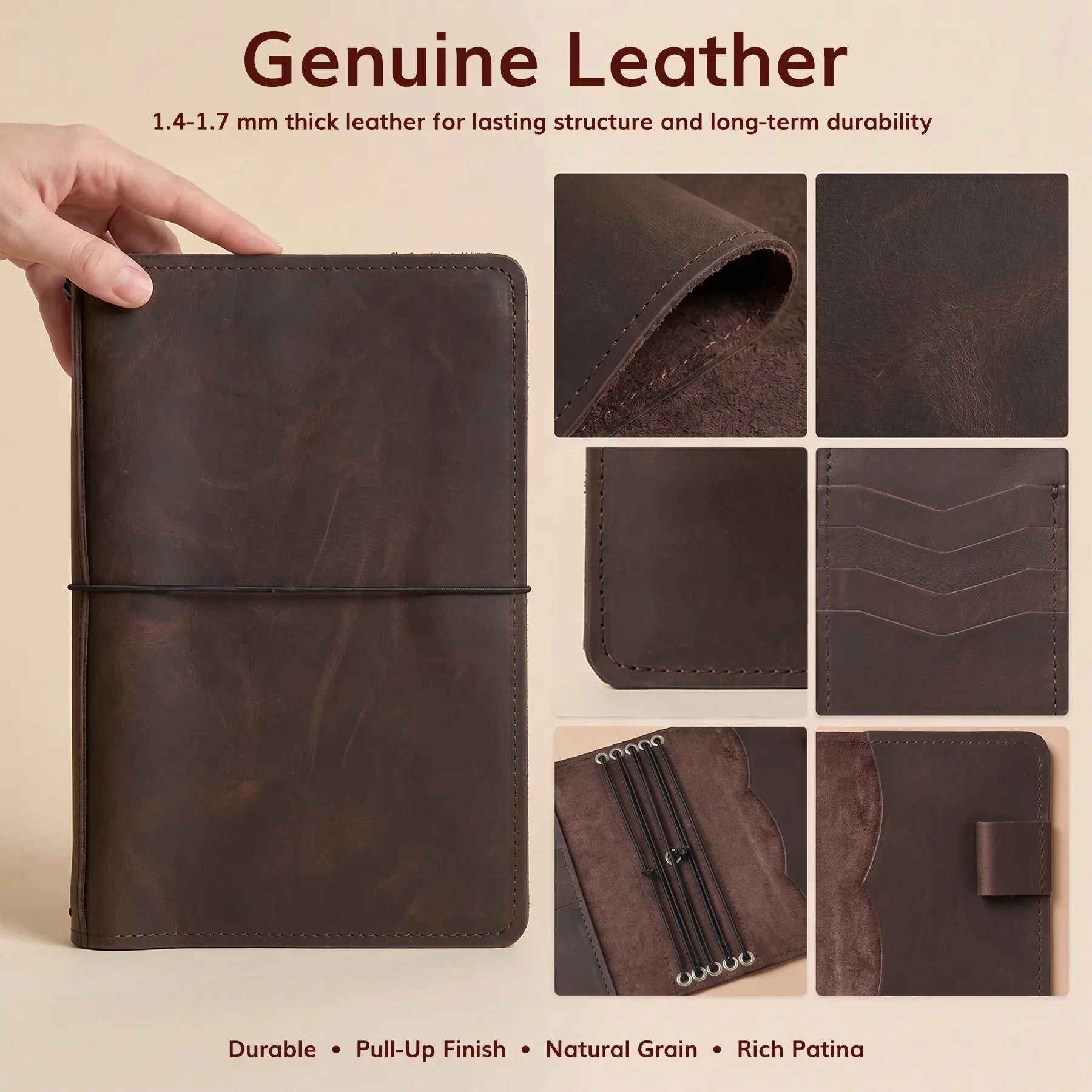 Premium leather journal cover featuring elastic closures, interior pockets, and refillable notebook organizer.