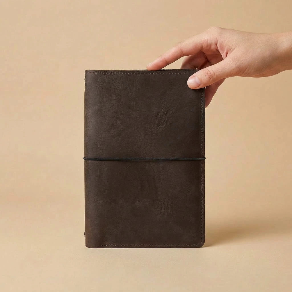 Hand holding a brown leather notebook against a beige background