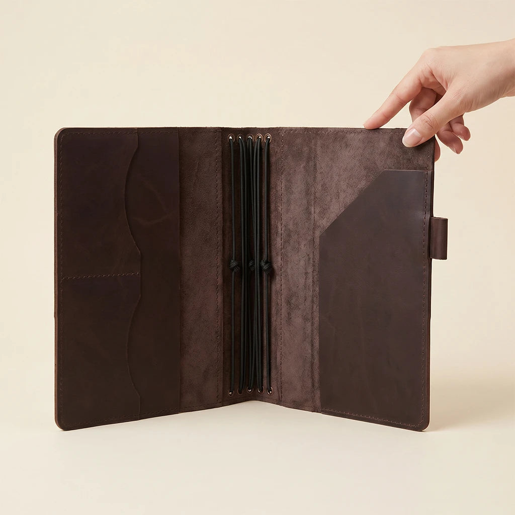 Leather journal sleeve designed for refillable notebooks and organized storage