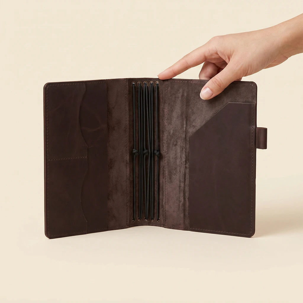 Refillable leather writing cover with secure elastics and storage pockets
