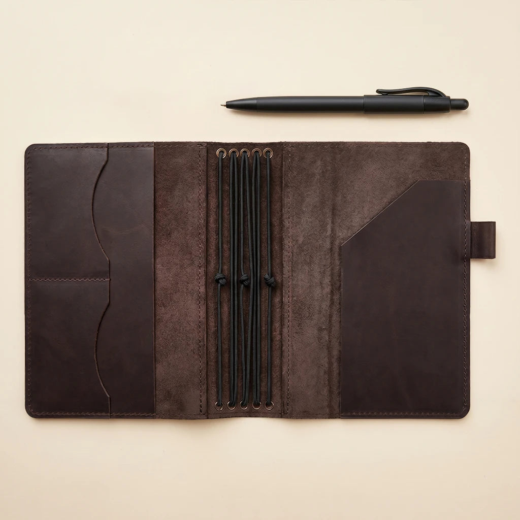Artisan leather notebook cover with elastic insert system and pen holder