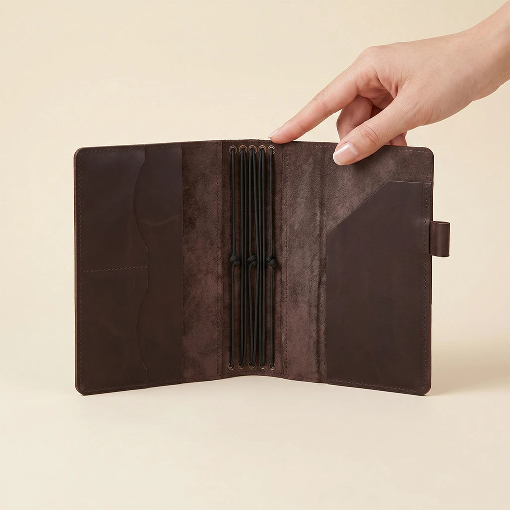 Classic leather journal cover with refillable elastic system and pen holder