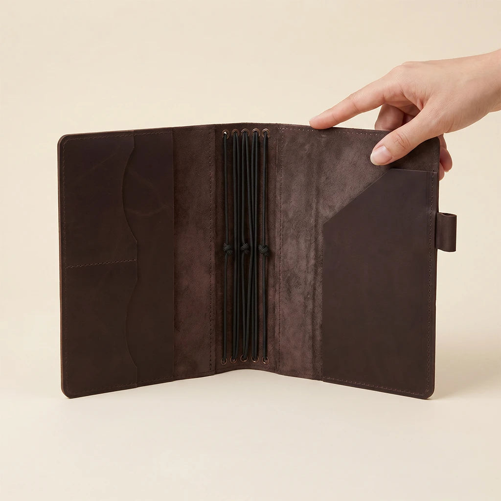 Handmade leather notebook case featuring five elastic cords and pocket compartments