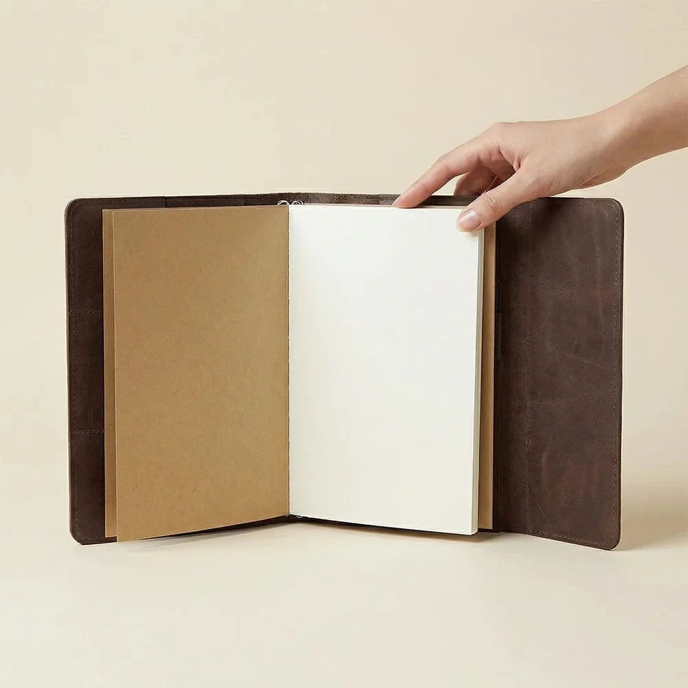 Brown leather notebook case with three elastic bands and organized interior pocket layout.