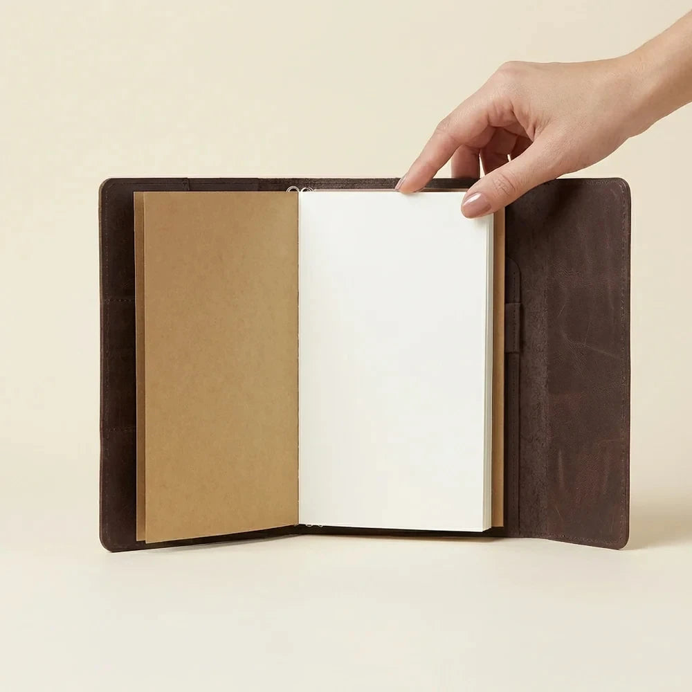 Classic brown leather journal cover with three elastic bands and practical inner storage pockets.