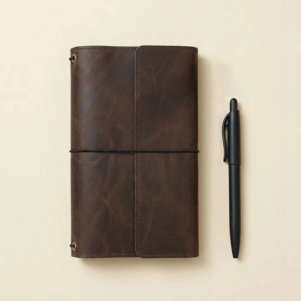 Brown leather notebook cover crafted with three elastic bands and interior organizer pockets.
