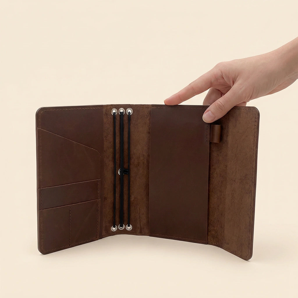 Leather notebook wallet featuring refillable elastic system and dedicated pen storage loop.
