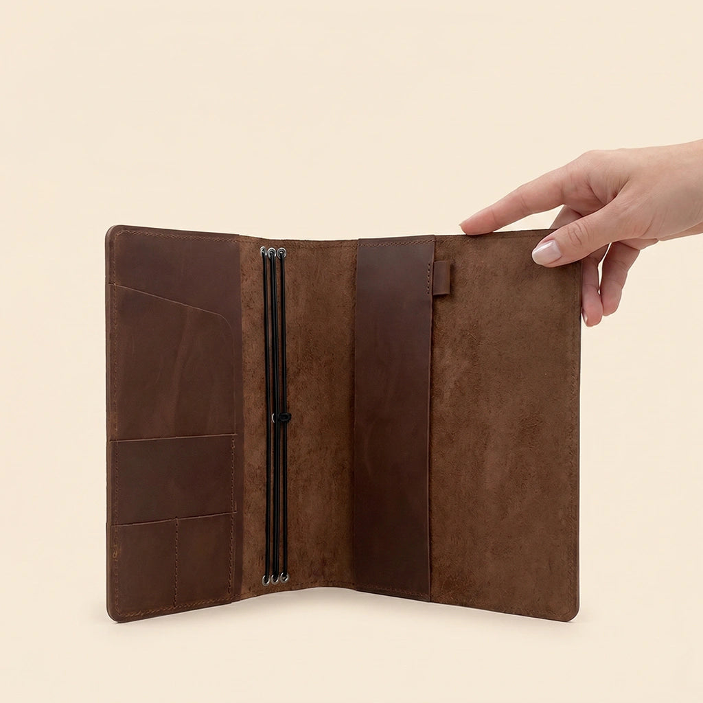 Handmade leather planner cover with refillable notebook system and pen carrying loop.