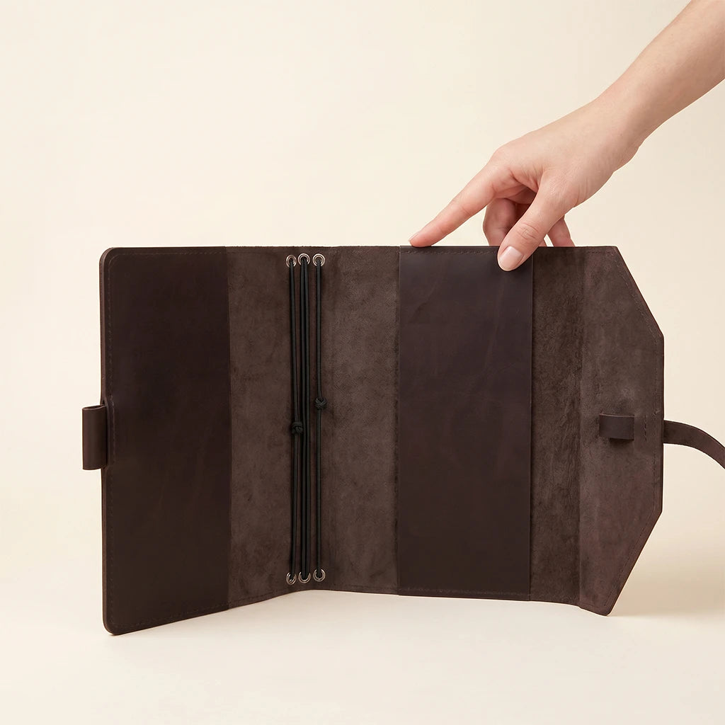 Artisan-made leather notebook holder with flexible closure and pen storage.